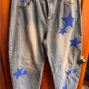 Blue Star Patterned Barrel Leg Jeans